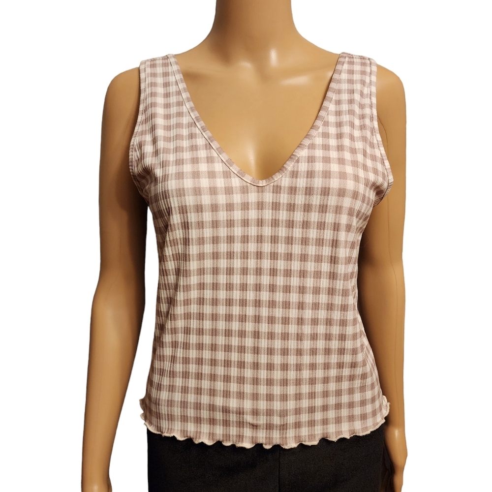 Gingham Pattern V-neck Crop Tank Top Fitted Size L - Picture 1 of 8